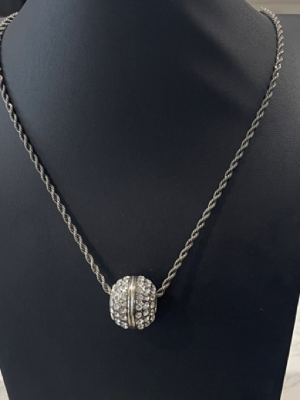 Vintage 14KGP Silver Tone Pavé Rhinestone Disco Ball Slide Rope Chain Necklace
